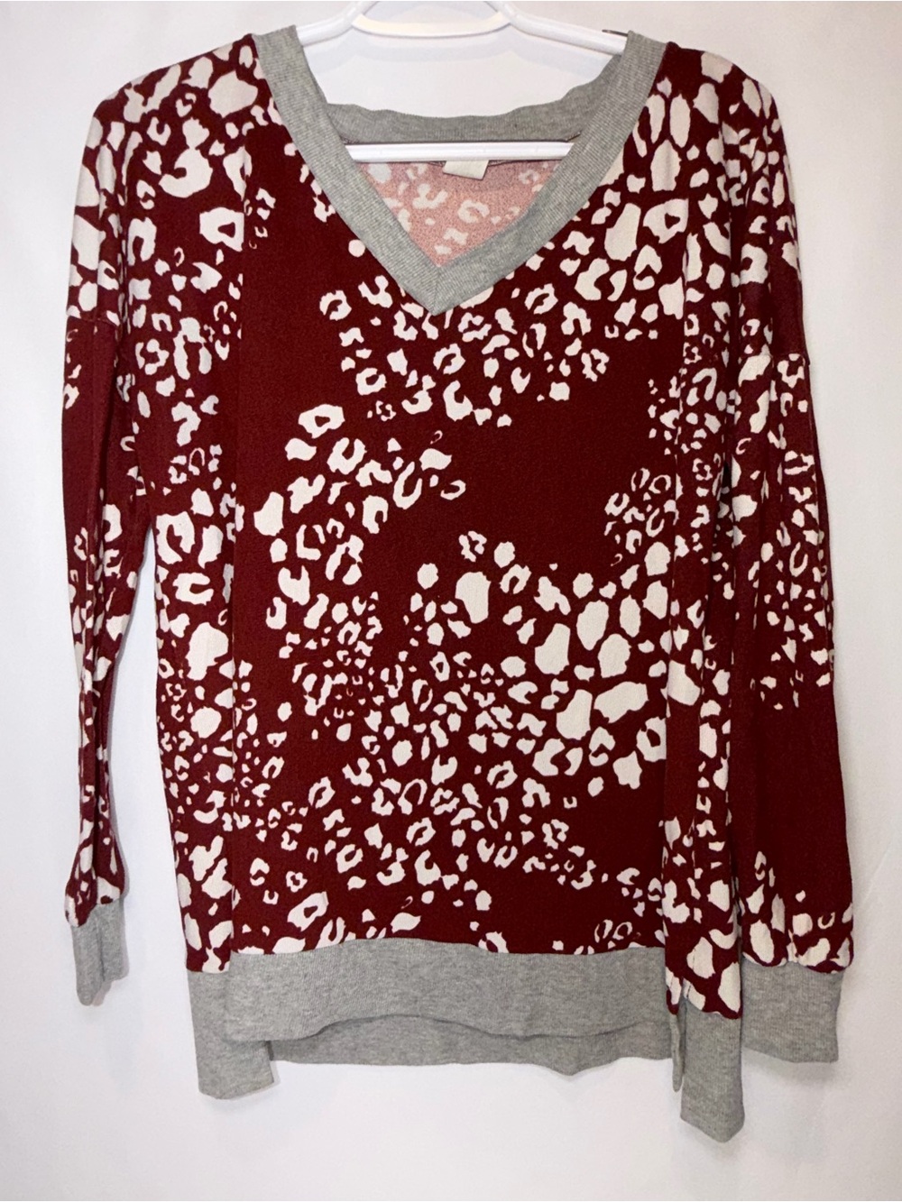 Sew In Love Maroon and White Animal Print V-Neck Sweater with Gray Trim